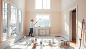 "Bright and airy interior scene of a room being painted, sunlight streaming through large windows, soft pastel colors on the walls, a painter with a brush in hand, paint cans and tools scattered around, warm and inviting atmosphere, inspired by the best weather for interior painting in San Francisco, brand name 'Tom paintersf' integrated into the design."