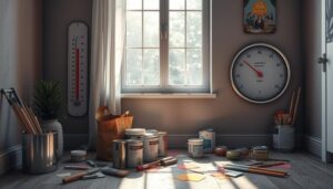 A cozy interior scene depicting ideal conditions for painting, featuring a thermometer showing an optimal temperature range and a hygrometer indicating perfect humidity levels. Soft sunlight streaming through a window, illuminating freshly painted walls. Tools like brushes and paint cans are neatly arranged on the floor, with vibrant paint swatches scattered around. The ambiance reflects a calm, inviting atmosphere, symbolizing the connection between weather and successful interior painting - "Tom paintersf".