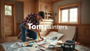 An artist measuring trim surfaces in a room, with a focus on detailed wooden trim, paint samples laid out, a tape measure in hand, soft natural light filtering through windows, surrounded by color swatches and tools, the atmosphere of a cozy home renovation scene, featuring the brand name 'Tom painters' subtly integrated into the design.