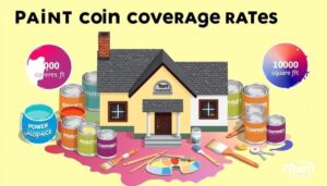 "An artistic illustration of paint coverage rates, featuring a 1000 square foot house surrounded by various paint cans and brushes, with visual representations of coverage calculations, color gradients, and a palette, emphasizing the brand 'Tom painters' in an imaginative way, focusing on vibrant colors and textures without any text or characters