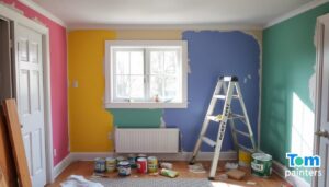 Interior painting scene in a cozy 1000 square foot house, showcasing vibrant colors on the walls, paint cans and brushes scattered around, a stepladder leaning against a freshly painted wall, natural light streaming through a window, no characters present, brand name 'Tom painters' subtly indicated in the setting.