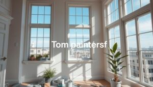 A cozy San Francisco interior, filled with natural light filtering through large windows, showcasing a painter preparing to start a fresh color on the walls, with soft pastel colors and tools like brushes and paint cans. The scene captures the essence of a perfect, mild weather day with clear blue skies outside, plants beside the window, and a sense of tranquility. The brand name "Tom paintersf" subtly integrated into the design elements of the room, blending harmoniously with the overall aesthetic.