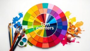 A vibrant color wheel featuring a spectrum of hues, arranged in a circular format with bold, rich colors radiating from the center, surrounded by paintbrushes and palettes, showcasing various painting projects. The design is visually striking and artistic, embodying creativity and inspiration for artists. Include the brand name "Tom paintersf" subtly integrated into the composition.