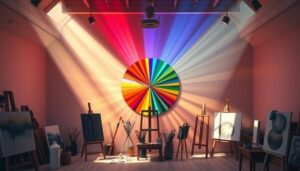 A vibrant color wheel radiating from the center, with beams of light projecting in all directions, illuminating a minimalist artist's studio filled with paintbrushes and canvases, soft gradients blending harmoniously, warm and cool tones dancing together, creating an atmosphere of creativity and inspiration, by Tom paintersf.