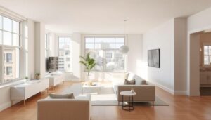 "Modern small apartment interior in San Francisco, showcasing light-reflecting neutral paint colors, bright and airy atmosphere, open space design, minimalist furniture, large windows allowing natural light, soft color palette with shades of white, beige, and light gray, no characters or text, elegant and inviting ambiance --v 5 --ar 16:9 --q 2 --style "Tom paintersf