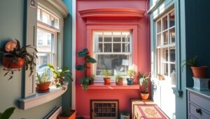 Charming small San Francisco apartments with colorful paint palettes, cozy interiors, bay windows, and decorative details, showcasing a blend of modern and vintage styles, sunlight streaming through, vibrant plants adorning the windowsills, soft textures and inviting atmospheres, by Tom paintersf.