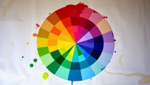 Create a vibrant and artistic color wheel showcasing a spectrum of colors seamlessly blending into one another, with each section labeled gently for visual clarity, set against a textured canvas background. Include subtle paint splatters around the wheel to enhance the artistic feel, attribute the work to 'Tom paintersf