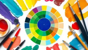 An artistic and vibrant color wheel featuring a harmonious blend of primary, secondary, and tertiary colors, surrounded by paintbrushes and strokes of paint, conveying creativity and design, in a visually engaging layout, Tom paintersf.