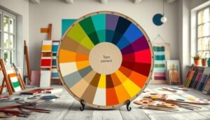 A vibrant color wheel displaying a variety of harmonious color schemes, including complementary, analogous, and triadic colors, surrounded by swatches of paint on a textured canvas, showcasing various interior design styles. The scene is set in a well-lit room with paintbrushes and palettes scattered around, reflecting creativity and inspiration. The brand name "Tom paintersf" subtly integrated into the back of the color wheel as part of the design.