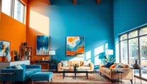 A beautifully arranged interior space featuring a complementary color scheme, showcasing vibrant shades of blue and orange. The room includes stylish furniture, elegant decor, and eye-catching artwork that highlights the harmony of these contrasting colors. Soft natural light filters in through large windows, enhancing the overall ambiance. The scene captures a perfect balance of warmth and coolness, inviting a sense of tranquility and creativity. Brand name: Tom paintersf.