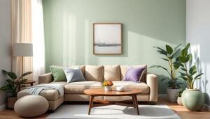 A serene living room interior showcasing an analogous color scheme with soft greens, blues, and purples. Featuring a plush sofa, decorative throw pillows, a wall art piece, and potted plants, all harmonizing in these colors. The sunlight filters through sheer curtains, adding warmth to the atmosphere. Brand name: Tom paintersf.